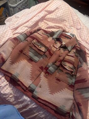 Western Pattern Button-Up Aztec Jacket/Shacket in Dusty Rose & Rust